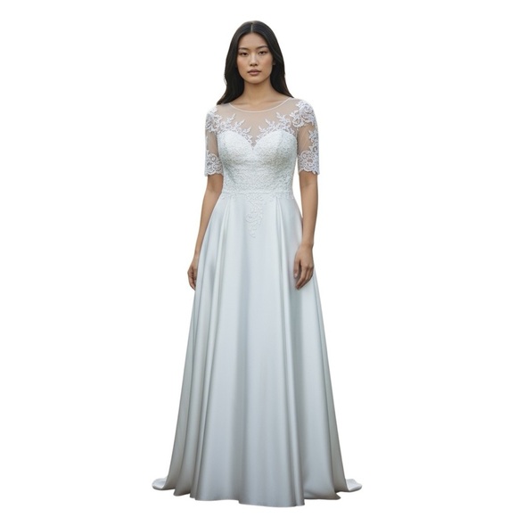 White Satin Like Lace Embroidery Sheer top Short Sleeve Dress Sz see measurement - Picture 1 of 5